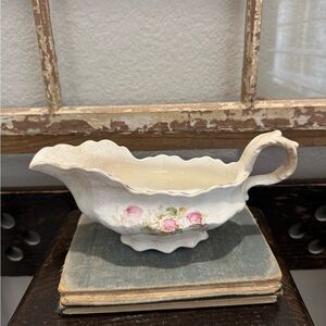 Vintage White and Pink Floral Gravy Boat